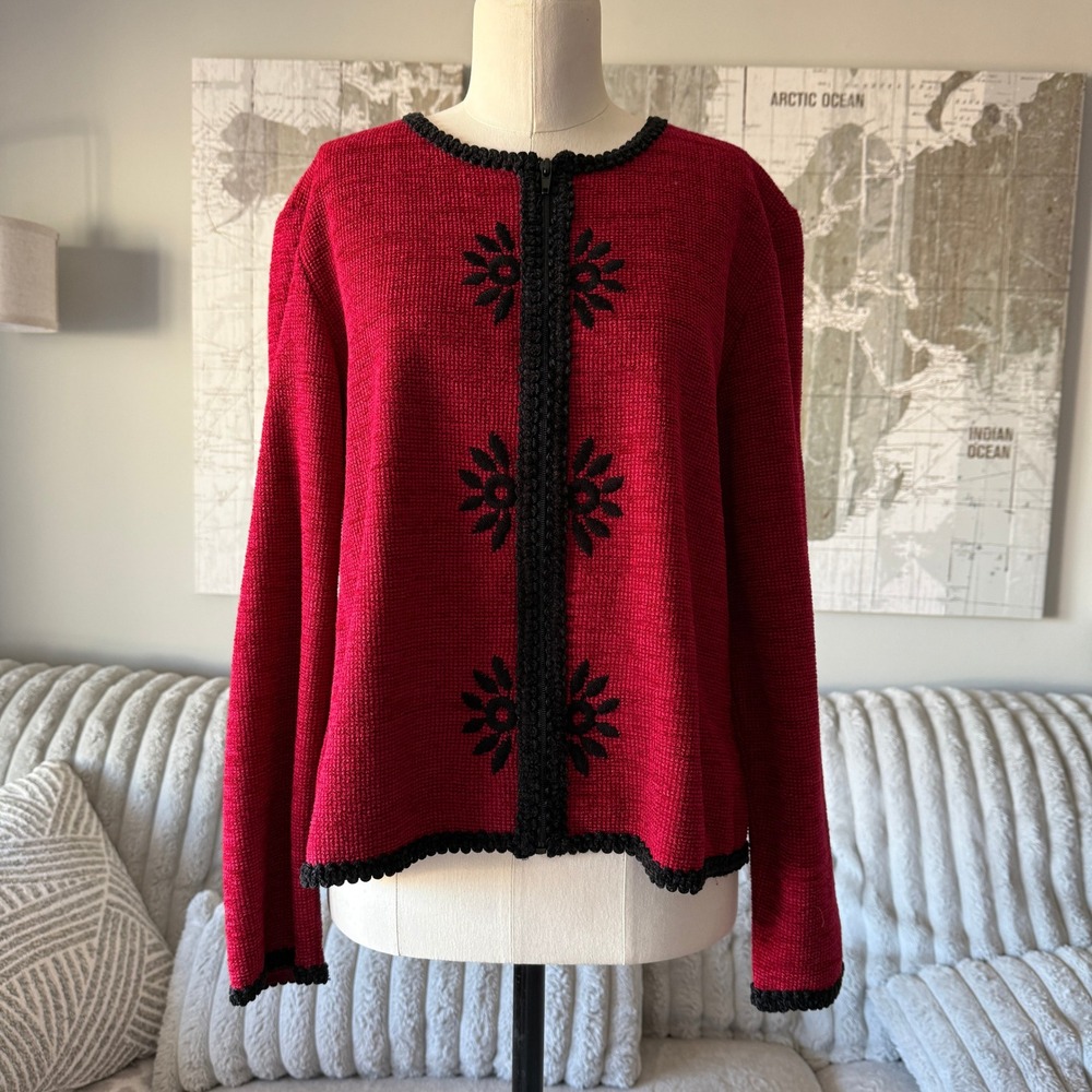 Miss‎ Dorby Vintage Red Knit Zip Front Cardigan Black Crochet Trim Floral Large
